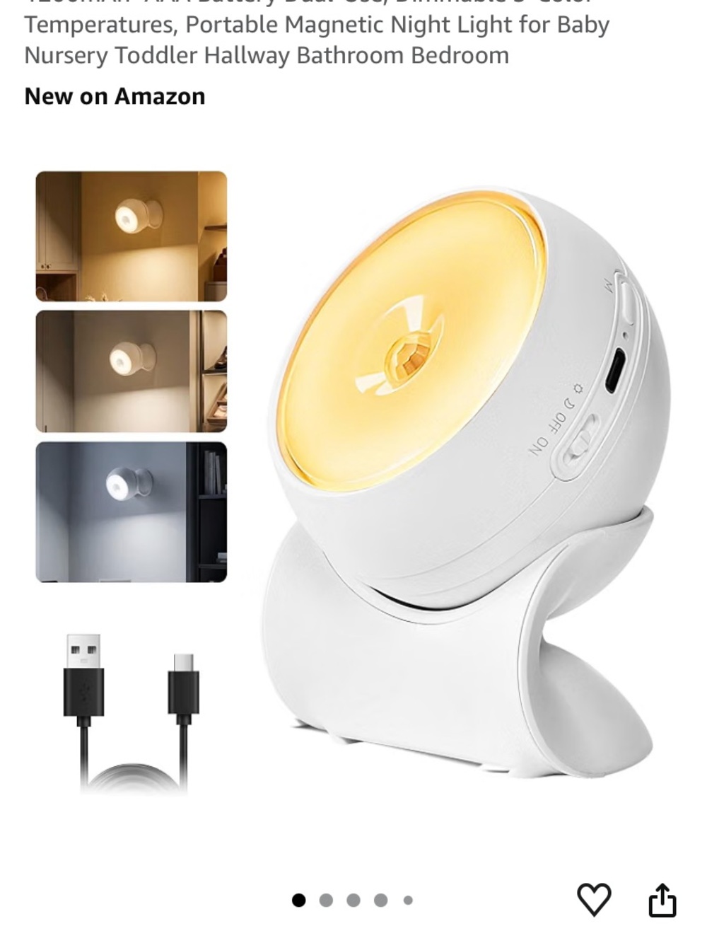 NEW Rechargeable Night Light with Motion Sensor, Dual-Use, Dimmable 3-Color Temp